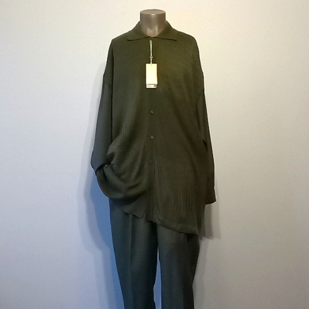 Luxe Vintage 2pc Dark Olive Button-Up Shirt and Pants Set by Silversilk